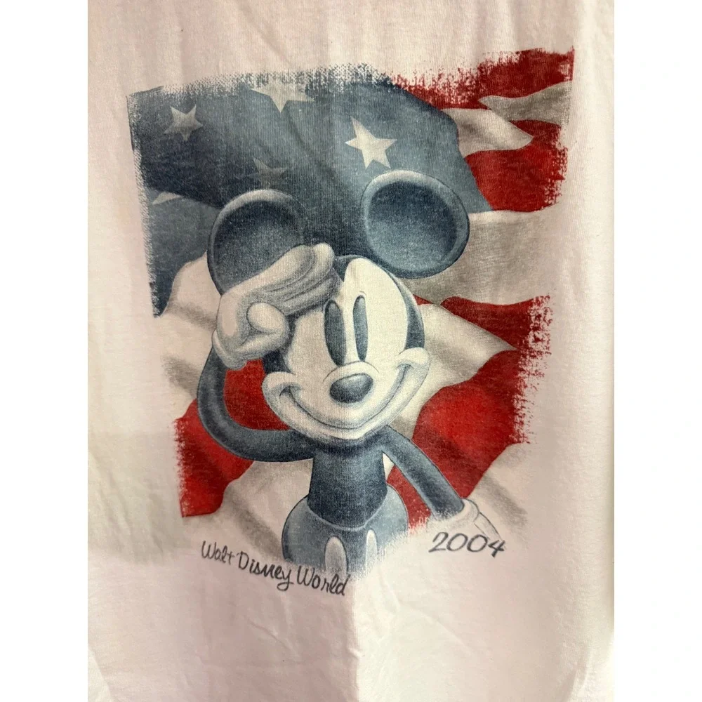 Vintage 2004 Walt Disney World Mickey Mouse American‎ Flag White T-Shirt XL